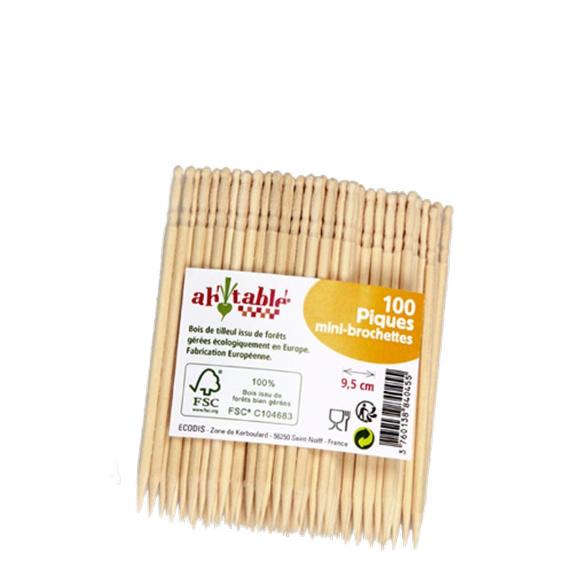 Piques en bois de tieul FSC - 100 pces de 9,5cm - Ah Table