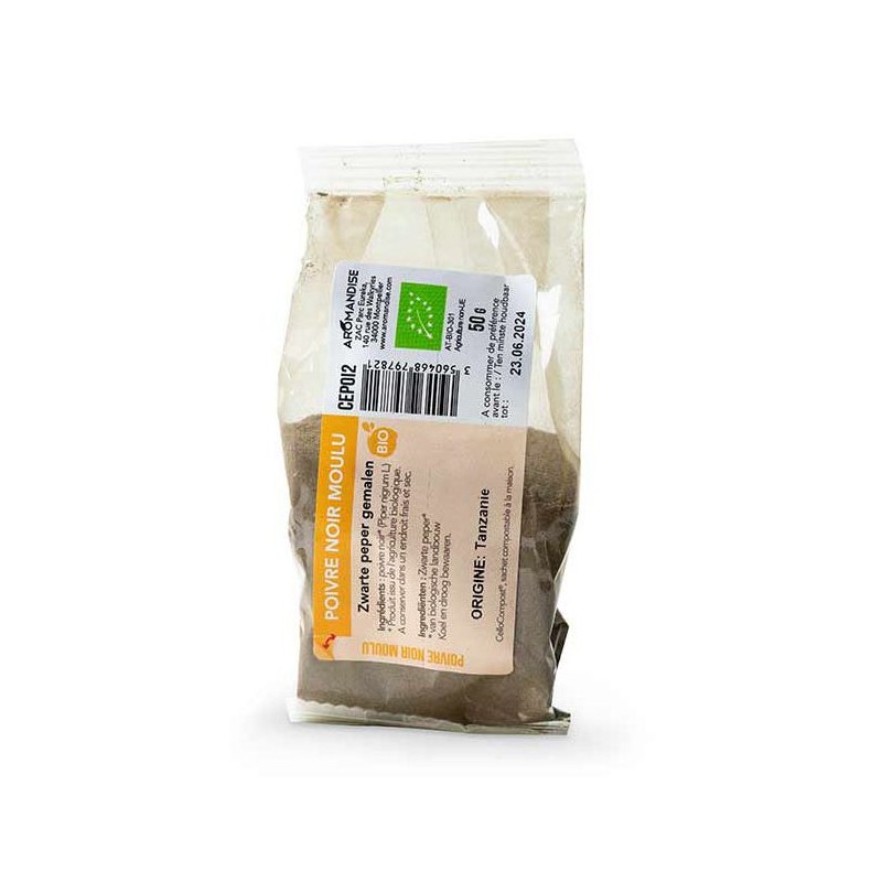 Poivre noir BIO moulu, Cellocompost Zéro déchet - 55 gr  - Aromandise