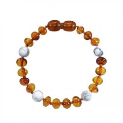 Babyarmband aus Bernstein und Naturstein, lindert und beruhigt - Bernstein COGNAC und HOWLITE - 14cm - Irréversible Bijoux