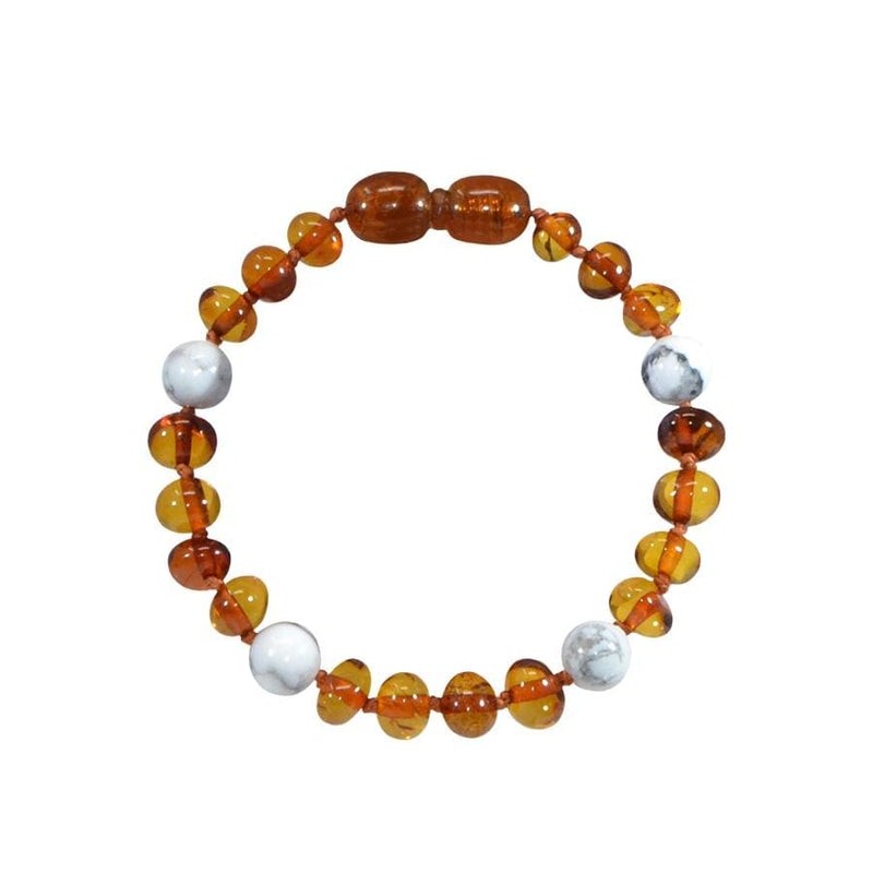 Babyarmband aus Bernstein und Naturstein, lindert und beruhigt - Bernstein COGNAC und HOWLITE - 14cm - Irréversible Bijoux