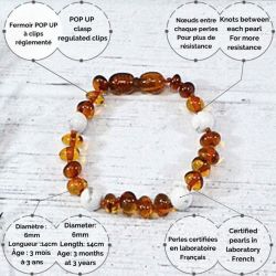 Braccialetto per bambini in ambra e pietre naturali, lenisce e calma - Ambra COGNAC e HOWLITE - 14cm - Irréversible Bijoux