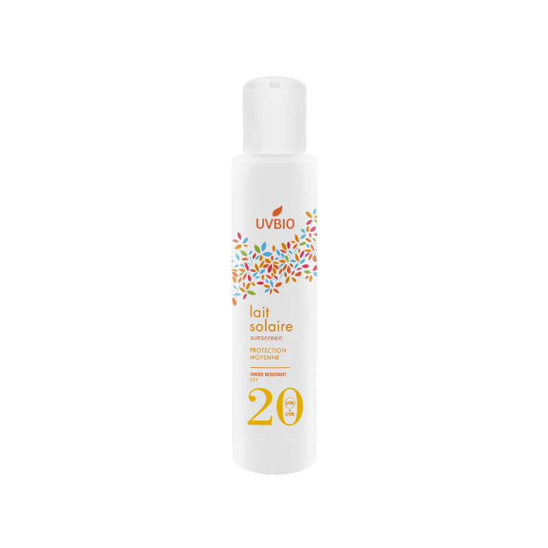 Lait solaire BIO, résitant à l'eau, Haute moyenne - Indice 20, 100ml - UVBIO