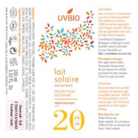 Lait solaire BIO, résitant à l'eau, Haute moyenne - Indice 20, 100ml - UVBIO