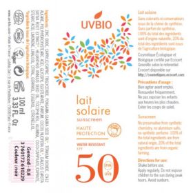 Latte solare biologico, impermeabile, alta protezione - Indice 50, 100ml - UVBIO