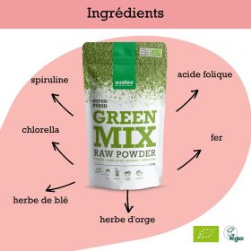Green mix BIO en poudre (Chlorella, spiruline, blé & orge) - 200g - Purasana