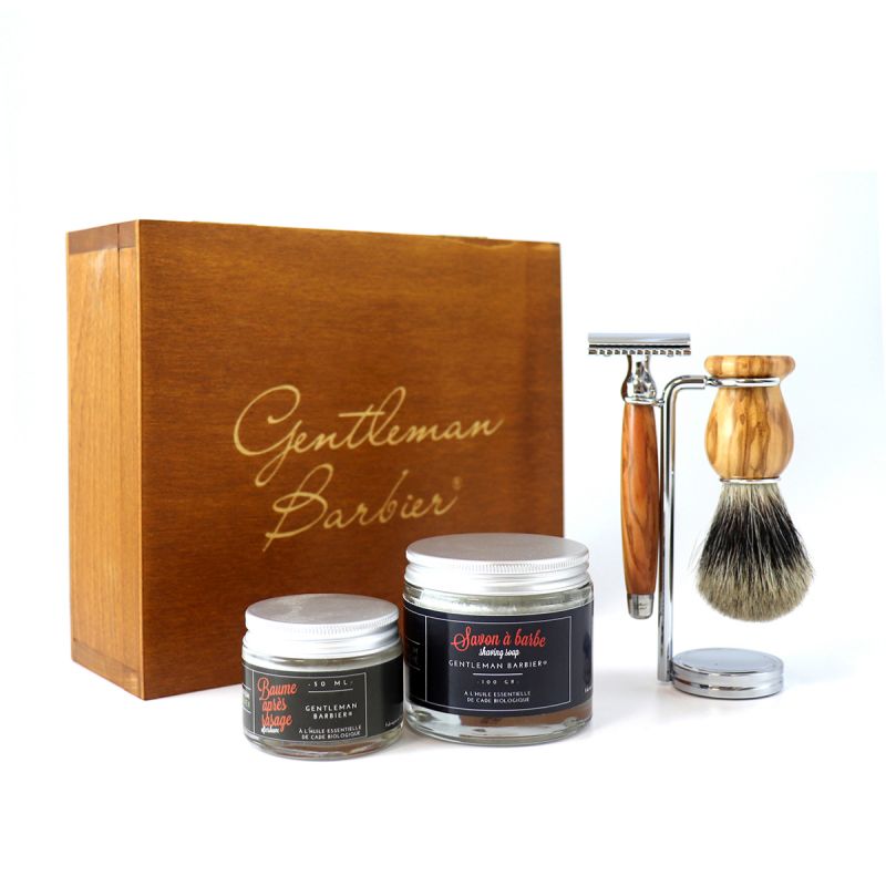 Magnifique coffret de Rasage Sûreté en Olivier de fabrication artisanale, 5 pièces - Gentleman Barbier