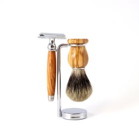 Magnifique coffret de Rasage Sûreté en Olivier de fabrication artisanale, 5 pièces - Gentleman Barbier