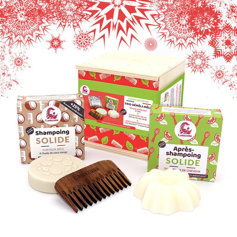 Coffret de cosmétiques solides: Trio Démêli-Mélo pour cheveux normaux - 3 pces dans un coffret en bois - Lamazuna