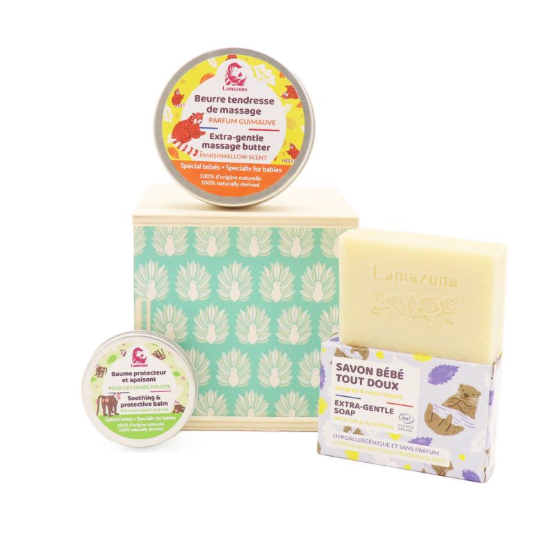 Coffret de soin bébé, pour des bébés souriants - 3 produits + coffret en bois - Lamazuna