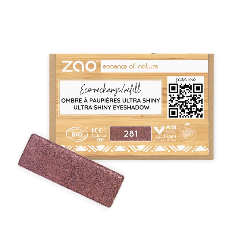 Ombretto ultra brillante (ricarica rettangolare) - 100% naturale, biologico e vegano - N° 281, Bordeaux sequin - Zao