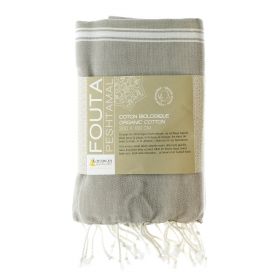 Fouta en coton biologique, Collection Hammam, Blanc & Taupe - 100x200cm - Karawan