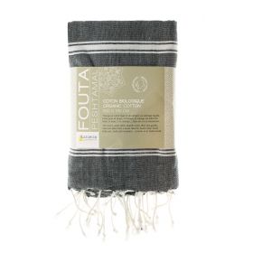Fouta en coton biologique, Collection HAMMAM, Blanc & anthracite - 100x200cm - Karawan