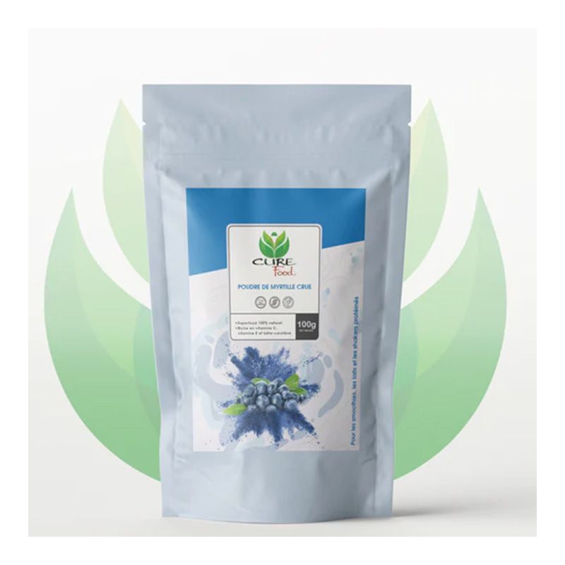 Poudre de Myrtille crue (pure), Riche en vitamine C, E et bêta-carotène - 100g - CureFood