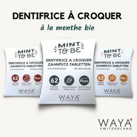 Dentifrice solide Suisse à la Menthe Bio, MOD, MOD fluor - 62 pastilles - Waya Cosmetics