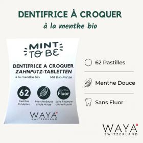 Dentifrice solide Suisse à la Menthe Bio, MOD, MOD fluor - 62 pastilles - Waya Cosmetics