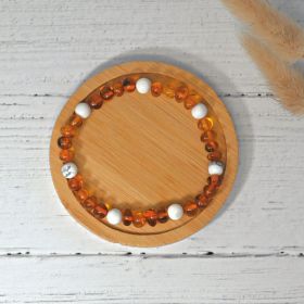 Bracelet en pierre naturelle pour adultes - Ambre & Howlite - 19cm - Irréversible Bijoux