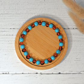 Bracelet en pierre naturelle pour adultes - Ambre Cognac & Turquoise Bleu - 19cm - Irréversible Bijoux