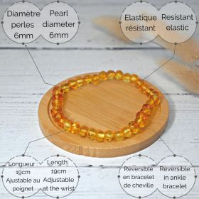 Bracelet en pierre naturelle pour adultes - Ambre Honey - 19cm - Irréversible Bijoux
