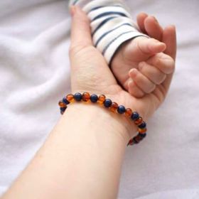 Bracelet en pierre naturelle pour adultes - Ambre Cognac & Lapis Lazuli - 19cm - Irréversible Bijoux