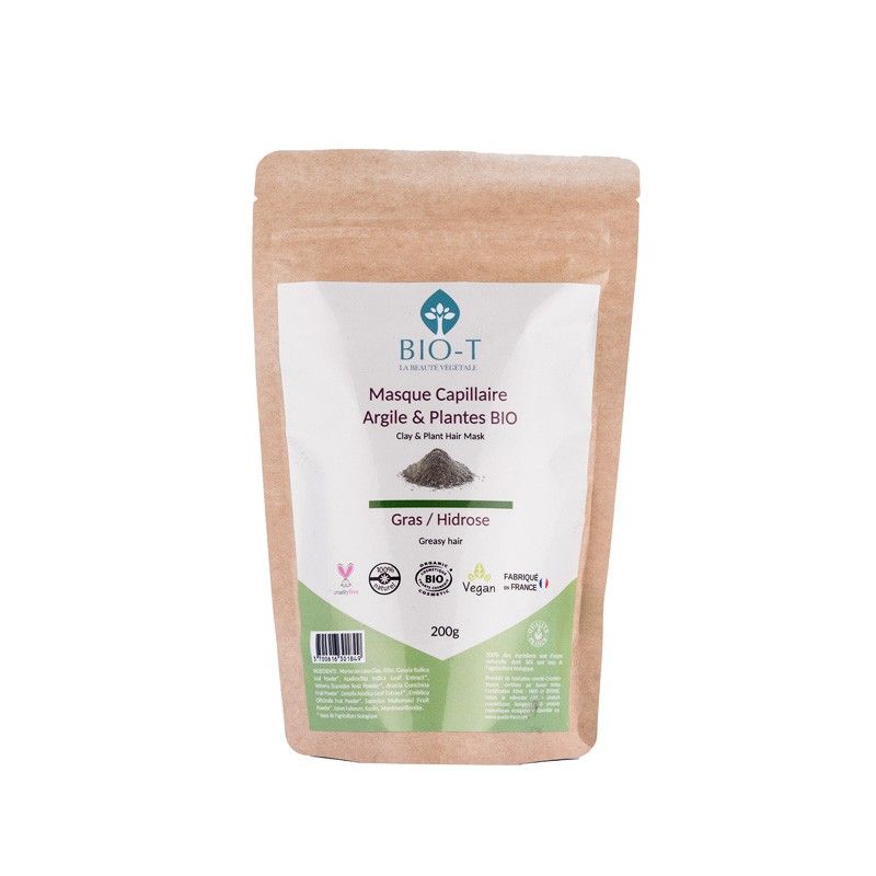 Masque capillaire BIO à l'argile & aux plantes Ayurvédiques, Gras & Hidrose - 200g - BIO-T