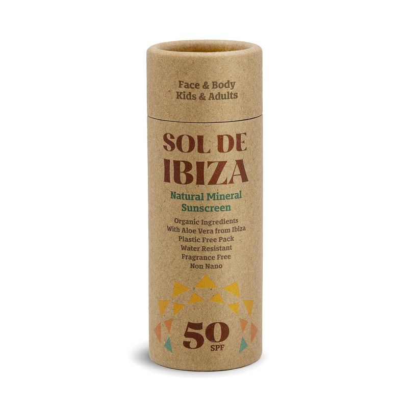 Protection solaire Naturelle Solide en Stick carton & sans eau - Pour le visage & le corps - Indice 50, 45g  - Sol de Ibiza