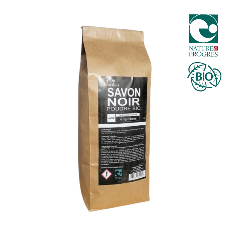 Savon Noir écologique en Poudre, avec seul. 4 ingrédients - 1kg (soit 15L de savon liquide) - 3 Abeilles