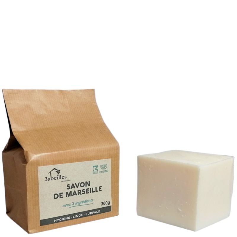 Savon de Marseille, 72% d'huile Biologique française et seul. 3 ingérdients - 300g - 3 Abeilles
