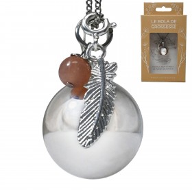 Schwangerschaftsbola SHANA versilbert glatt, mit indischer Feder & Mondstein - ⌀ 2,2 cm & Kette 114cm - Irréversible Bijoux