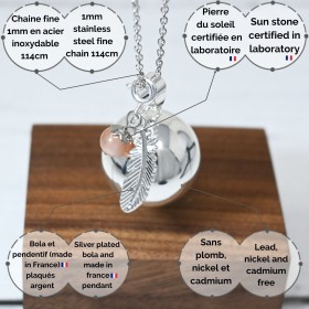 Bola de grossesse plaqué argent lisse, avec plume Indienne & Pierre de lune - ⌀ 2,2 cm & chaine 114cm - Irréversible Bijoux