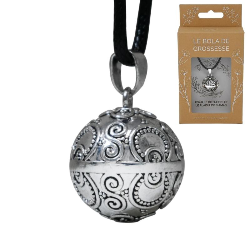 Bola de grossesse JENNIFER, plaqué argent, avec motif Aztèque - ⌀ 2,2cm & chaine 114cm - Irréversible Bijoux