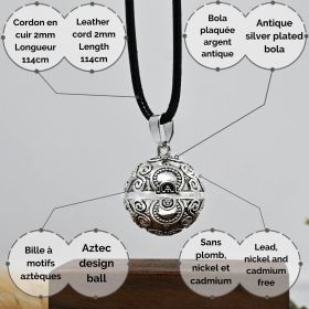 Bola de grossesse JENNIFER, plaqué argent, avec motif Aztèque - ⌀ 2,2cm & chaine 114cm - Irréversible Bijoux