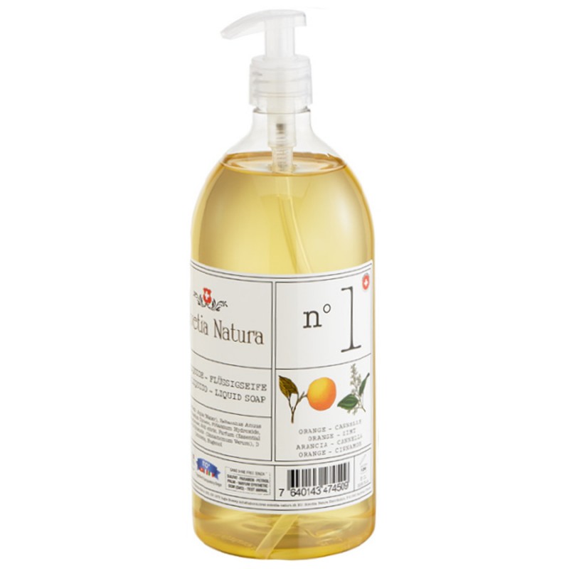 Sapone liquido biologico della Svizzera, L'essenziale n°1: Arancia & cannella - 300ml - Heletia Natura