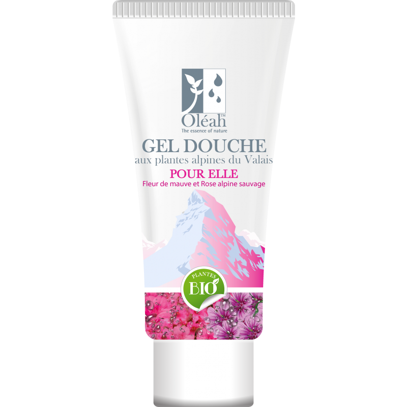 Gel doccia BIOLOGICO con piante alpine vallesane per LEI - Fiori viola e rosa selvatica - 200ml - Oléah