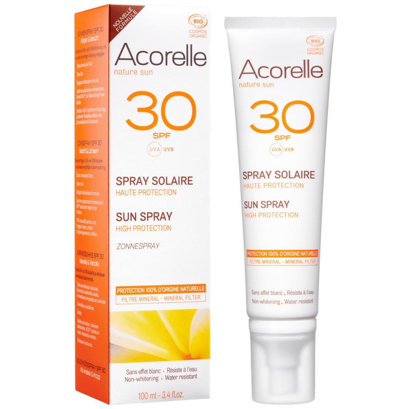 Spray solare organico, 100% origine naturale - Alta protezione SPF 30 - 100ml - Acorelle