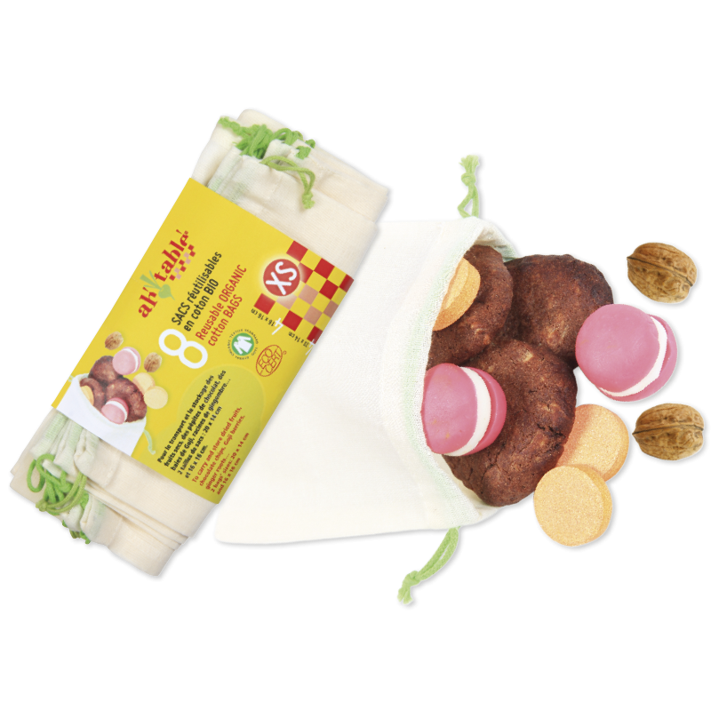 8 sacs réutilisables en coton BIO - XS, 4x (20x14cm) et 4x (16x16cm) - Ah'table !