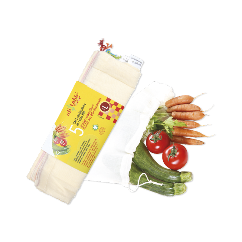 5 wiederverwertbare Taschen aus Bio Baumwolle - L, 30x33cm - Ah'table !