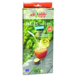 6 pailles en verre borosilicate, courbées de 23cm + Goupillon de nettoyage - Ah Table