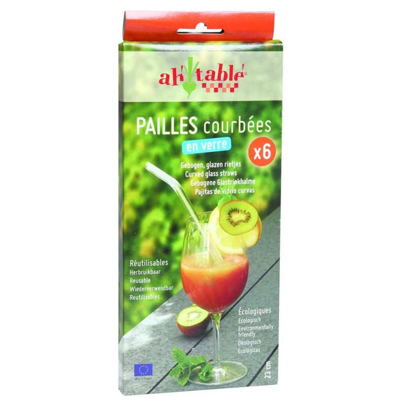 6 pailles en verre borosilicate, courbées de 23cm + Goupillon de nettoyage - Ah Table