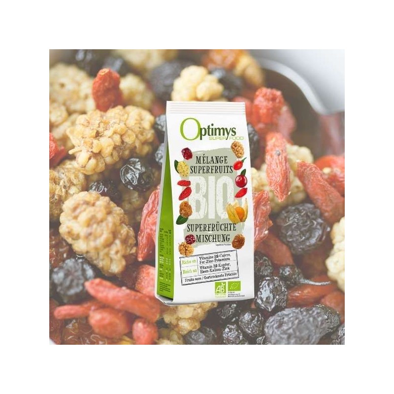 Mélange de 4 superfruits secs Bio, un mélange idéal pour un encas Healthy - 200g - Optimys