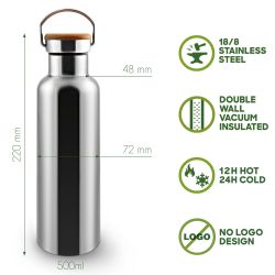 Bottiglia isotermica in acciaio inox con tappo in bambù - 500ml - Bambaw