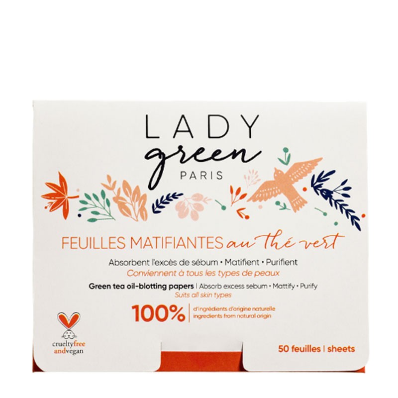 Feuilles matifiantes au thé vert - Absorbent l'excès de sébum, Matifient, Purifient - 50 feuilles - Lady Green