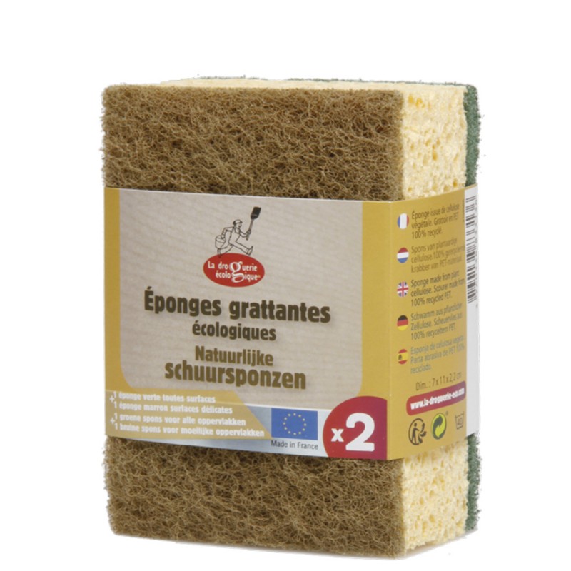 Set di spugne verdi (per raschiare) + marroni (delicate) - In PET e cellulosa vegetale - 2 pezzi - La Droguerie écologique