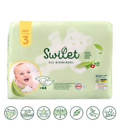 Pannolini bio, 100% svizzeri - Taglia 3, Midi (da 5 a 9 kg) - 44pz - Swilet