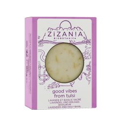 Schweizer Seife, "Good Vibes from Tulsi" mit Lavendel, Heiligem Basilikum und Sonnenblume - 90g - Zizan!a