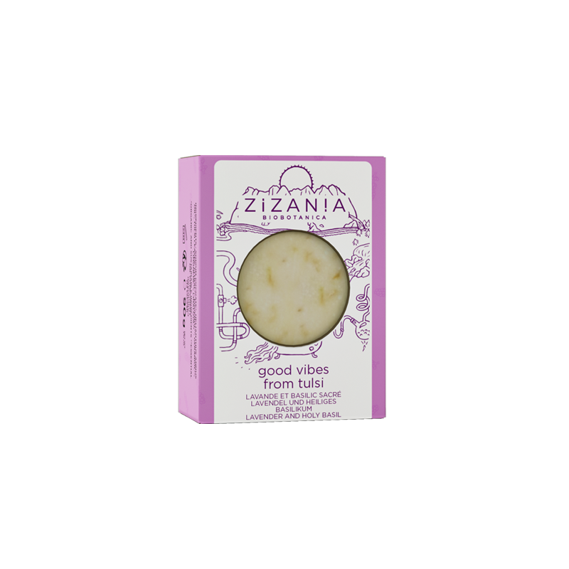 Sapone svizzero, "Good Vibes from Tulsi" con lavanda, basilico santo e girasole - 90g - Zizan!a